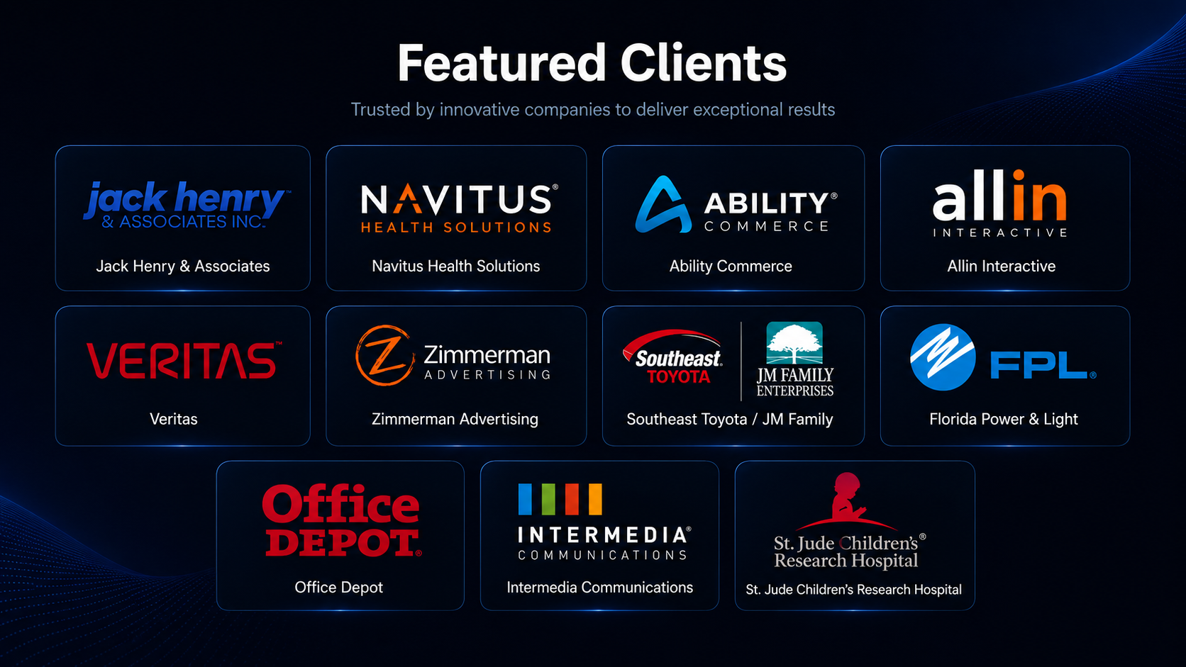 Featured clients including Jack Henry & Associates, Navitus Health Solutions, Ability Commerce, Allin Interactive, Veritas, Zimmerman Advertising, Southeast Toyota / JM Family, Florida Power & Light, Office Depot, Intermedia Communications, and St. Jude Children's Research Hospital